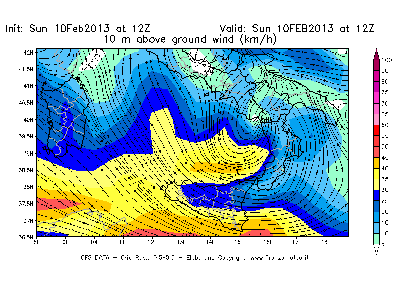 Mappa di analisi GFS - Velocità del vento a 10 metri dal suolo [km/h] in Sud-Italia
							del 10/02/2013 12 <!--googleoff: index-->UTC<!--googleon: index-->