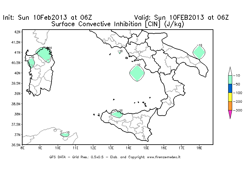 Mappa di analisi GFS - CIN [J/kg] in Sud-Italia
							del 10/02/2013 06 <!--googleoff: index-->UTC<!--googleon: index-->