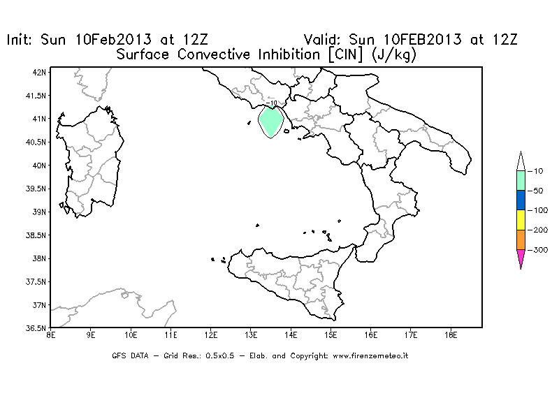 Mappa di analisi GFS - CIN [J/kg] in Sud-Italia
							del 10/02/2013 12 <!--googleoff: index-->UTC<!--googleon: index-->