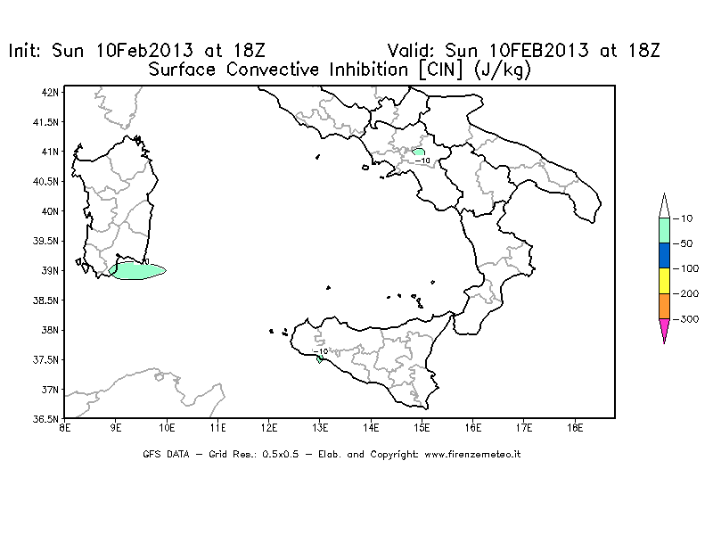 Mappa di analisi GFS - CIN [J/kg] in Sud-Italia
							del 10/02/2013 18 <!--googleoff: index-->UTC<!--googleon: index-->