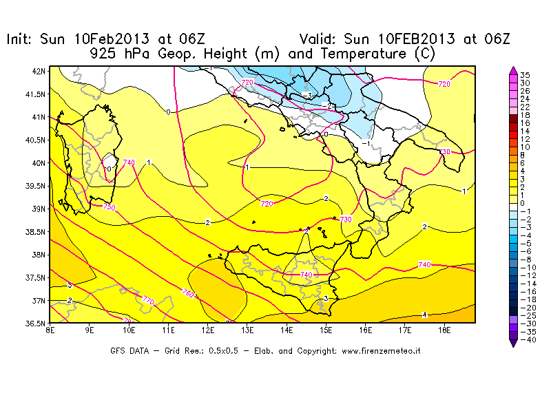 Mappa di analisi GFS - Geopotenziale [m] e Temperatura [°C] a 925 hPa in Sud-Italia
							del 10/02/2013 06 <!--googleoff: index-->UTC<!--googleon: index-->