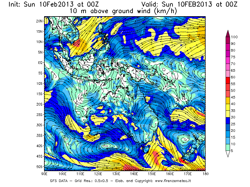 Mappa di analisi GFS - Velocità del vento a 10 metri dal suolo [km/h] in Oceania
							del 10/02/2013 00 <!--googleoff: index-->UTC<!--googleon: index-->