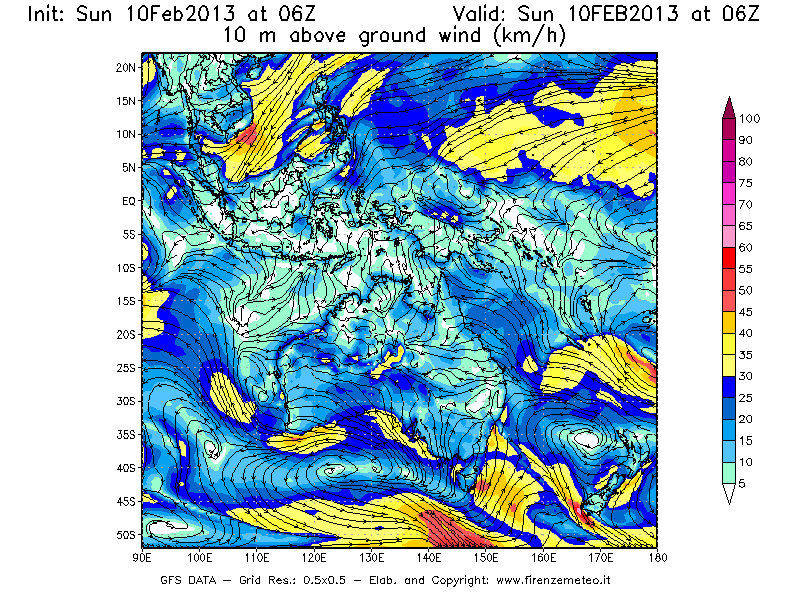Mappa di analisi GFS - Velocità del vento a 10 metri dal suolo [km/h] in Oceania
							del 10/02/2013 06 <!--googleoff: index-->UTC<!--googleon: index-->