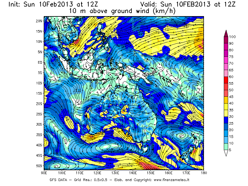 Mappa di analisi GFS - Velocità del vento a 10 metri dal suolo [km/h] in Oceania
							del 10/02/2013 12 <!--googleoff: index-->UTC<!--googleon: index-->