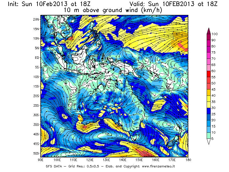 Mappa di analisi GFS - Velocità del vento a 10 metri dal suolo [km/h] in Oceania
							del 10/02/2013 18 <!--googleoff: index-->UTC<!--googleon: index-->