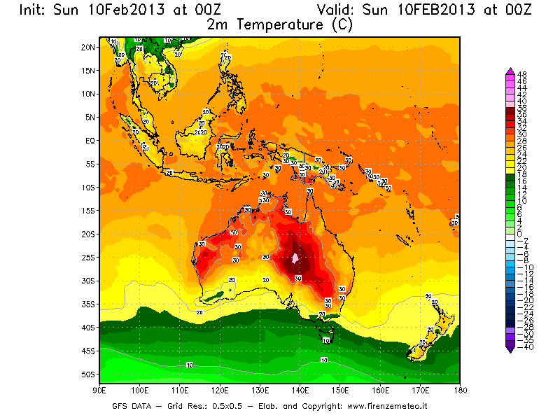 Mappa di analisi GFS - Temperatura a 2 metri dal suolo [°C] in Oceania
							del 10/02/2013 00 <!--googleoff: index-->UTC<!--googleon: index-->