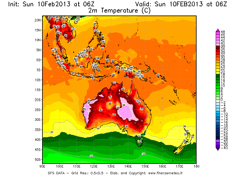 Mappa di analisi GFS - Temperatura a 2 metri dal suolo [°C] in Oceania
							del 10/02/2013 06 <!--googleoff: index-->UTC<!--googleon: index-->