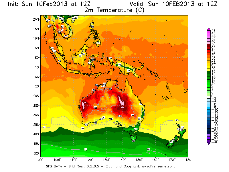 Mappa di analisi GFS - Temperatura a 2 metri dal suolo [°C] in Oceania
							del 10/02/2013 12 <!--googleoff: index-->UTC<!--googleon: index-->