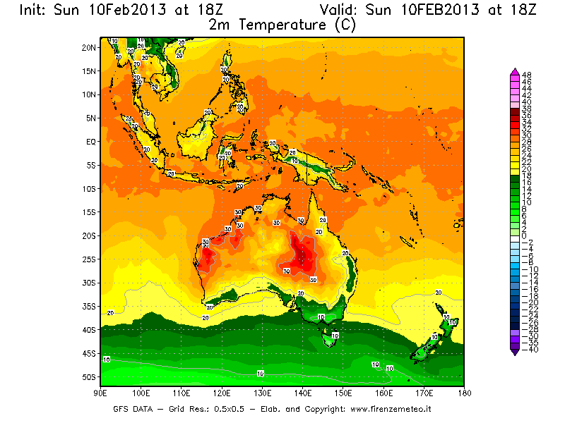 Mappa di analisi GFS - Temperatura a 2 metri dal suolo [°C] in Oceania
							del 10/02/2013 18 <!--googleoff: index-->UTC<!--googleon: index-->