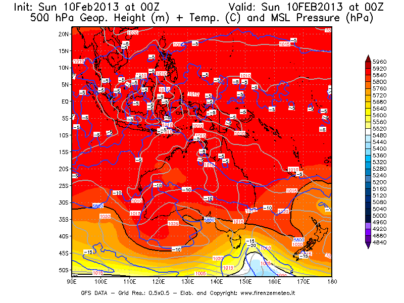 Mappa di analisi GFS - Geopotenziale [m] + Temp. [°C] a 500 hPa + Press. a livello del mare [hPa] in Oceania
							del 10/02/2013 00 <!--googleoff: index-->UTC<!--googleon: index-->