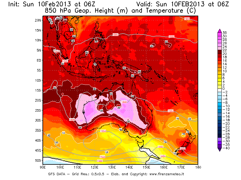 Mappa di analisi GFS - Geopotenziale [m] e Temperatura [°C] a 850 hPa in Oceania
							del 10/02/2013 06 <!--googleoff: index-->UTC<!--googleon: index-->