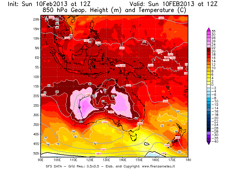 Mappa di analisi GFS - Geopotenziale [m] e Temperatura [°C] a 850 hPa in Oceania
							del 10/02/2013 12 <!--googleoff: index-->UTC<!--googleon: index-->