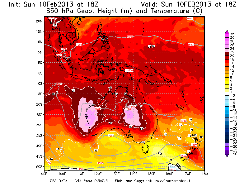 Mappa di analisi GFS - Geopotenziale [m] e Temperatura [°C] a 850 hPa in Oceania
							del 10/02/2013 18 <!--googleoff: index-->UTC<!--googleon: index-->