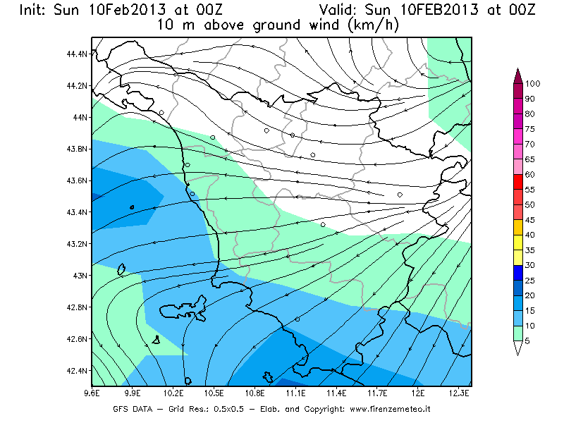 Mappa di analisi GFS - Velocità del vento a 10 metri dal suolo [km/h] in Toscana
							del 10/02/2013 00 <!--googleoff: index-->UTC<!--googleon: index-->