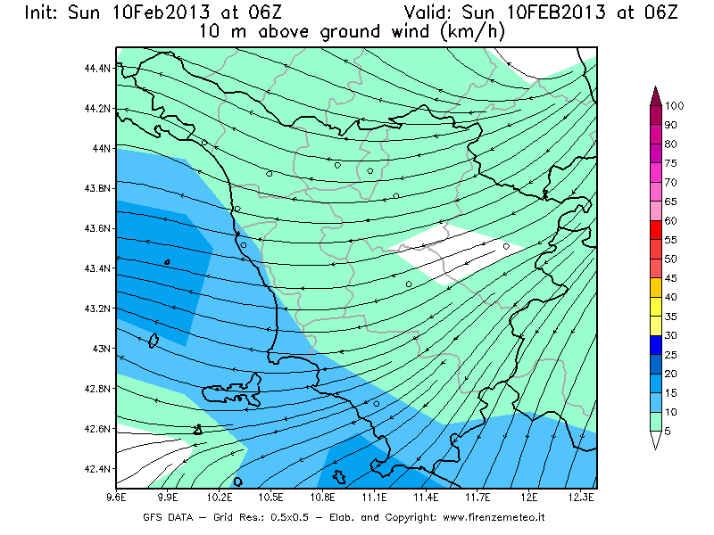 Mappa di analisi GFS - Velocità del vento a 10 metri dal suolo [km/h] in Toscana
							del 10/02/2013 06 <!--googleoff: index-->UTC<!--googleon: index-->