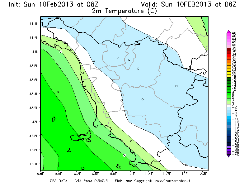 Mappa di analisi GFS - Temperatura a 2 metri dal suolo [°C] in Toscana
							del 10/02/2013 06 <!--googleoff: index-->UTC<!--googleon: index-->