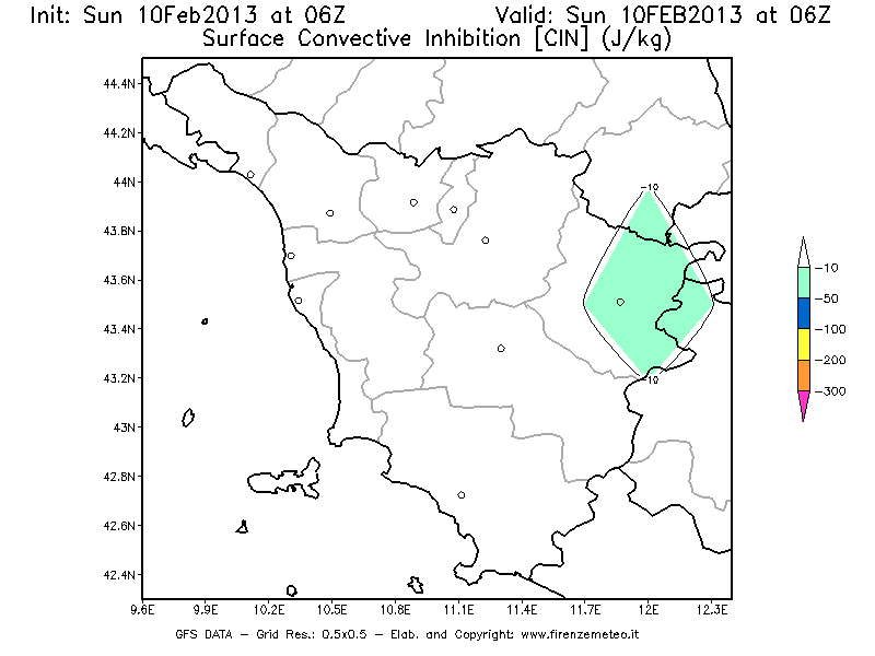 Mappa di analisi GFS - CIN [J/kg] in Toscana
							del 10/02/2013 06 <!--googleoff: index-->UTC<!--googleon: index-->