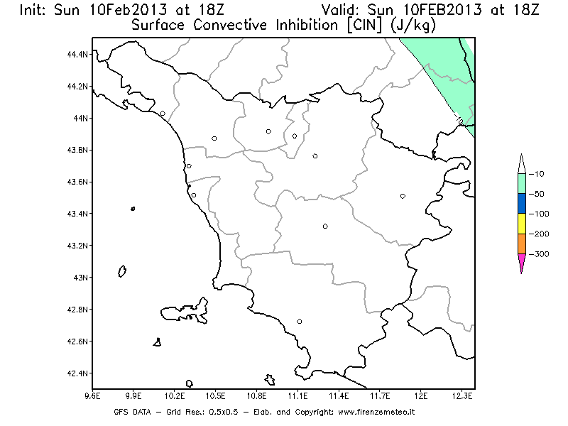 Mappa di analisi GFS - CIN [J/kg] in Toscana
							del 10/02/2013 18 <!--googleoff: index-->UTC<!--googleon: index-->