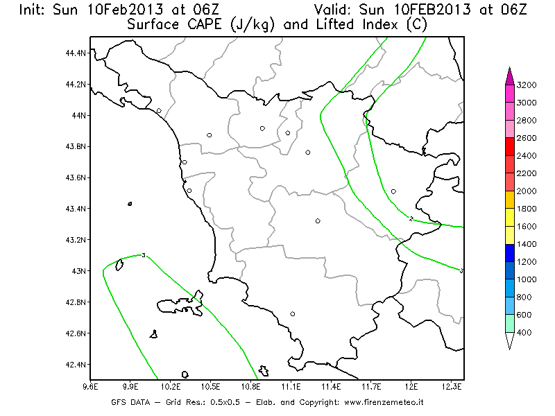 Mappa di analisi GFS - CAPE [J/kg] e Lifted Index [°C] in Toscana
							del 10/02/2013 06 <!--googleoff: index-->UTC<!--googleon: index-->