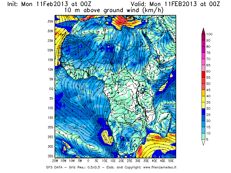Mappa di analisi GFS - Velocità del vento a 10 metri dal suolo [km/h] in Africa
							del 11/02/2013 00 <!--googleoff: index-->UTC<!--googleon: index-->