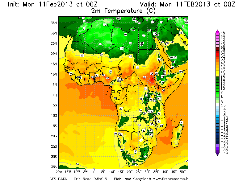 Mappa di analisi GFS - Temperatura a 2 metri dal suolo [°C] in Africa
							del 11/02/2013 00 <!--googleoff: index-->UTC<!--googleon: index-->