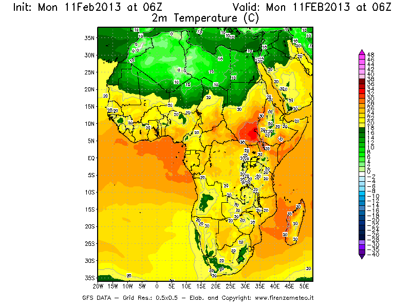 Mappa di analisi GFS - Temperatura a 2 metri dal suolo [°C] in Africa
							del 11/02/2013 06 <!--googleoff: index-->UTC<!--googleon: index-->