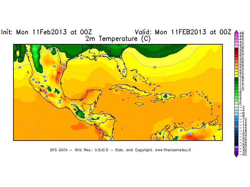 Mappa di analisi GFS - Temperatura a 2 metri dal suolo [°C] in Centro-America
							del 11/02/2013 00 <!--googleoff: index-->UTC<!--googleon: index-->