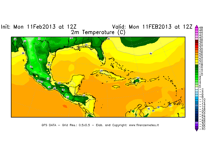 Mappa di analisi GFS - Temperatura a 2 metri dal suolo [°C] in Centro-America
							del 11/02/2013 12 <!--googleoff: index-->UTC<!--googleon: index-->