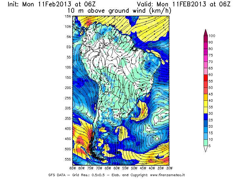 Mappa di analisi GFS - Velocità del vento a 10 metri dal suolo [km/h] in Sud-America
							del 11/02/2013 06 <!--googleoff: index-->UTC<!--googleon: index-->