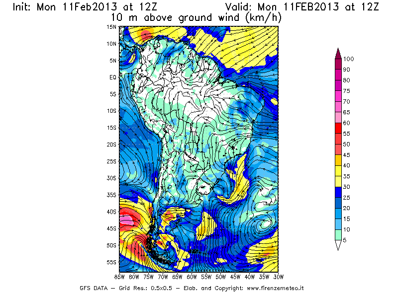 Mappa di analisi GFS - Velocità del vento a 10 metri dal suolo [km/h] in Sud-America
							del 11/02/2013 12 <!--googleoff: index-->UTC<!--googleon: index-->