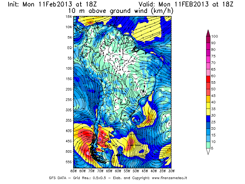 Mappa di analisi GFS - Velocità del vento a 10 metri dal suolo [km/h] in Sud-America
							del 11/02/2013 18 <!--googleoff: index-->UTC<!--googleon: index-->