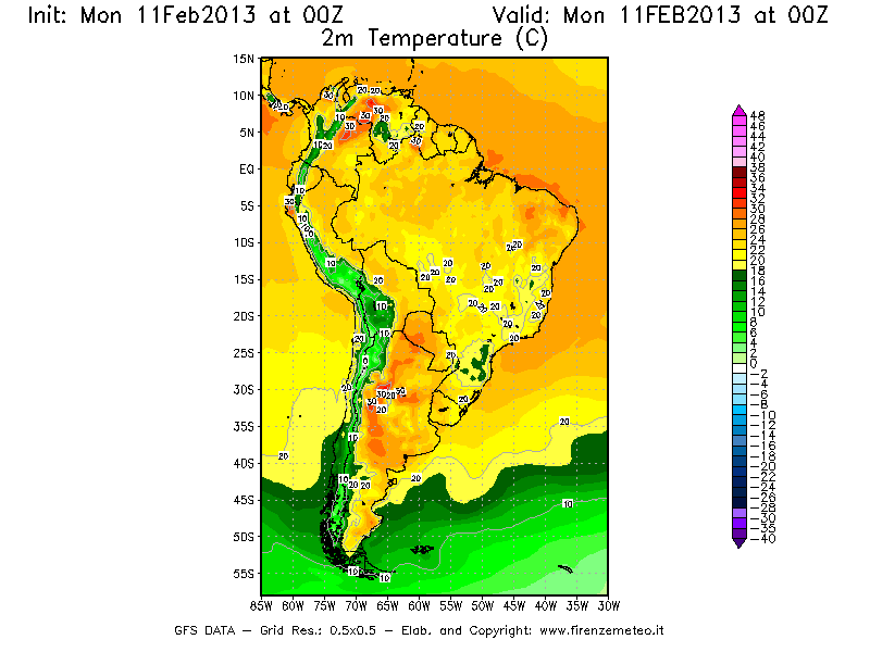 Mappa di analisi GFS - Temperatura a 2 metri dal suolo [°C] in Sud-America
							del 11/02/2013 00 <!--googleoff: index-->UTC<!--googleon: index-->