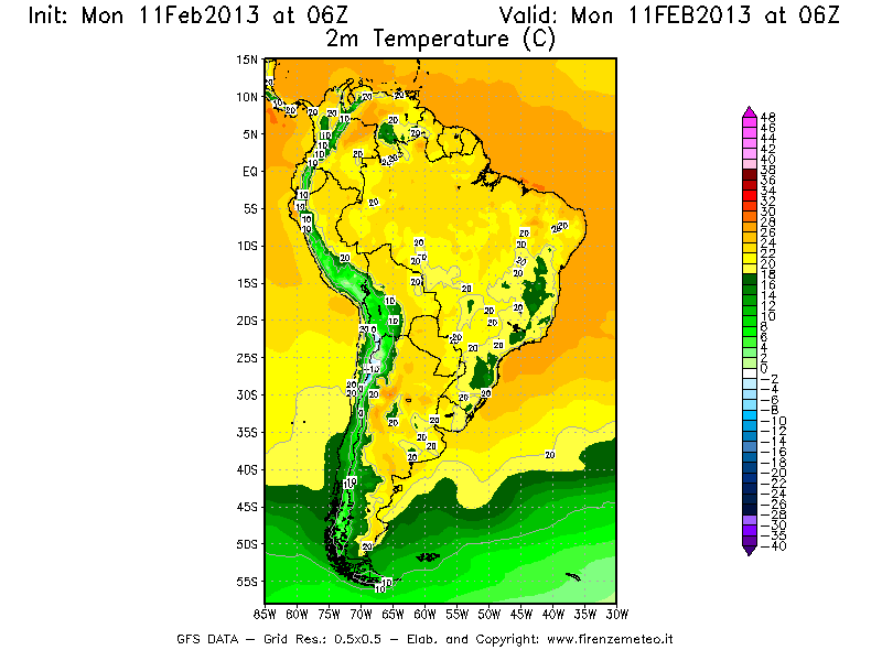 Mappa di analisi GFS - Temperatura a 2 metri dal suolo [°C] in Sud-America
							del 11/02/2013 06 <!--googleoff: index-->UTC<!--googleon: index-->