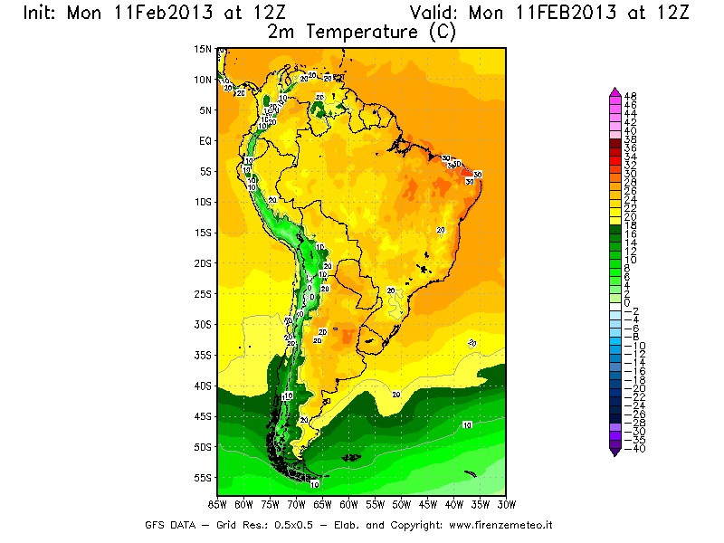 Mappa di analisi GFS - Temperatura a 2 metri dal suolo [°C] in Sud-America
							del 11/02/2013 12 <!--googleoff: index-->UTC<!--googleon: index-->