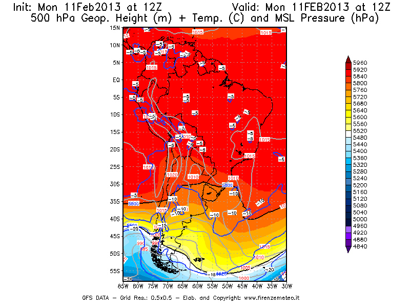 Mappa di analisi GFS - Geopotenziale [m] + Temp. [°C] a 500 hPa + Press. a livello del mare [hPa] in Sud-America
							del 11/02/2013 12 <!--googleoff: index-->UTC<!--googleon: index-->