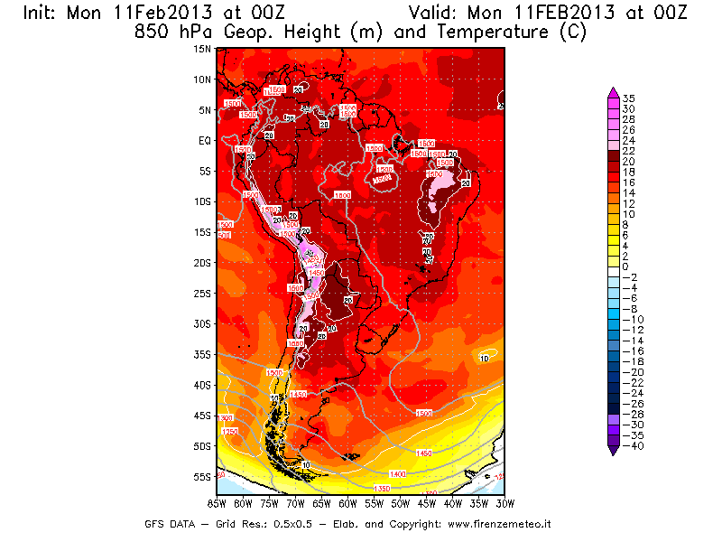 Mappa di analisi GFS - Geopotenziale [m] e Temperatura [°C] a 850 hPa in Sud-America
							del 11/02/2013 00 <!--googleoff: index-->UTC<!--googleon: index-->