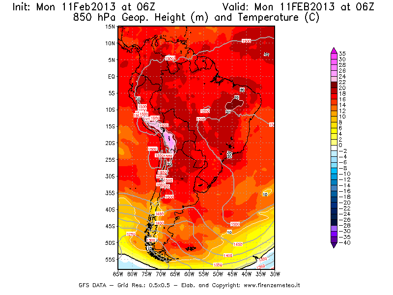 Mappa di analisi GFS - Geopotenziale [m] e Temperatura [°C] a 850 hPa in Sud-America
							del 11/02/2013 06 <!--googleoff: index-->UTC<!--googleon: index-->