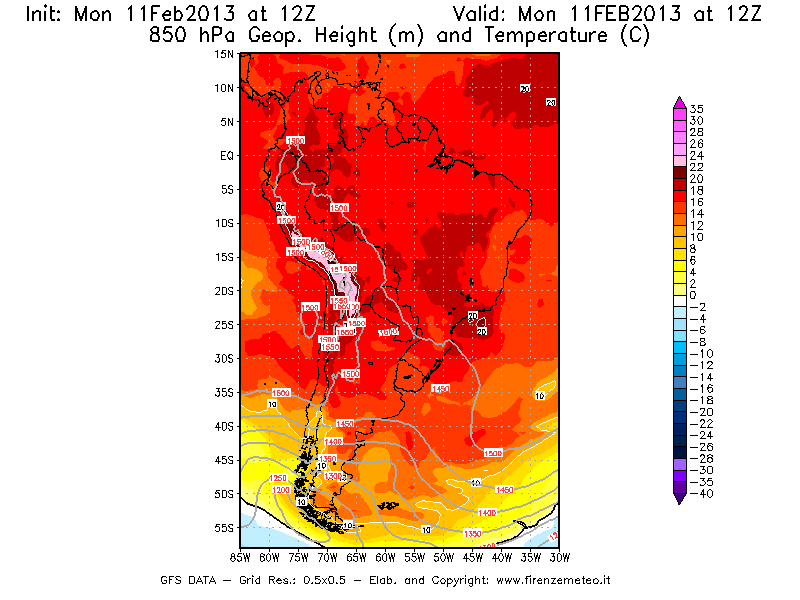 Mappa di analisi GFS - Geopotenziale [m] e Temperatura [°C] a 850 hPa in Sud-America
							del 11/02/2013 12 <!--googleoff: index-->UTC<!--googleon: index-->