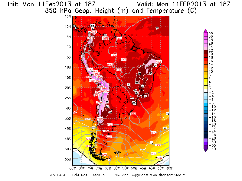 Mappa di analisi GFS - Geopotenziale [m] e Temperatura [°C] a 850 hPa in Sud-America
							del 11/02/2013 18 <!--googleoff: index-->UTC<!--googleon: index-->