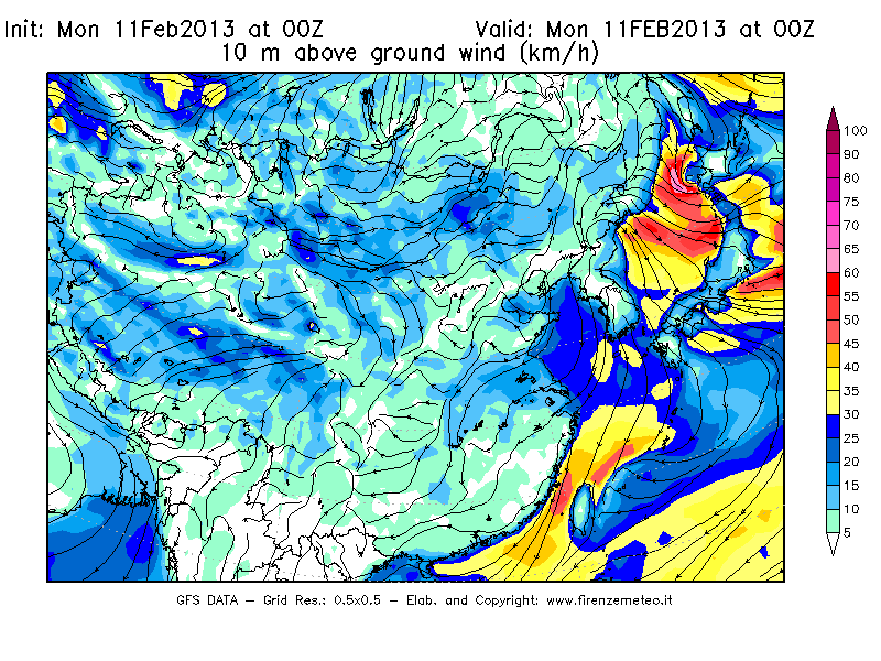 Mappa di analisi GFS - Velocità del vento a 10 metri dal suolo [km/h] in Asia Orientale
							del 11/02/2013 00 <!--googleoff: index-->UTC<!--googleon: index-->