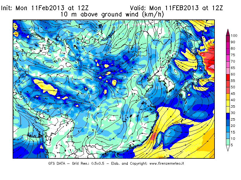 Mappa di analisi GFS - Velocità del vento a 10 metri dal suolo [km/h] in Asia Orientale
							del 11/02/2013 12 <!--googleoff: index-->UTC<!--googleon: index-->
