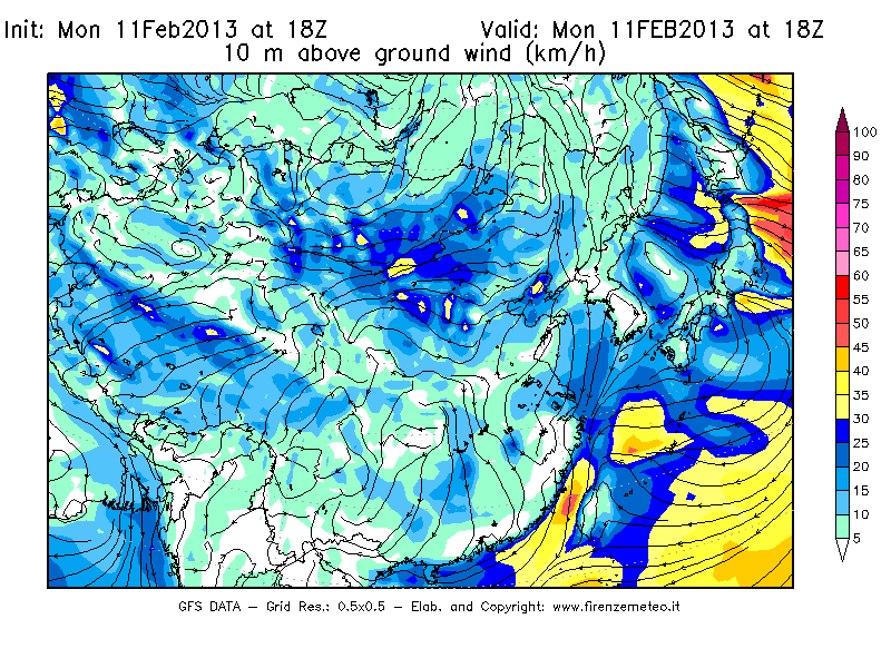 Mappa di analisi GFS - Velocità del vento a 10 metri dal suolo [km/h] in Asia Orientale
							del 11/02/2013 18 <!--googleoff: index-->UTC<!--googleon: index-->