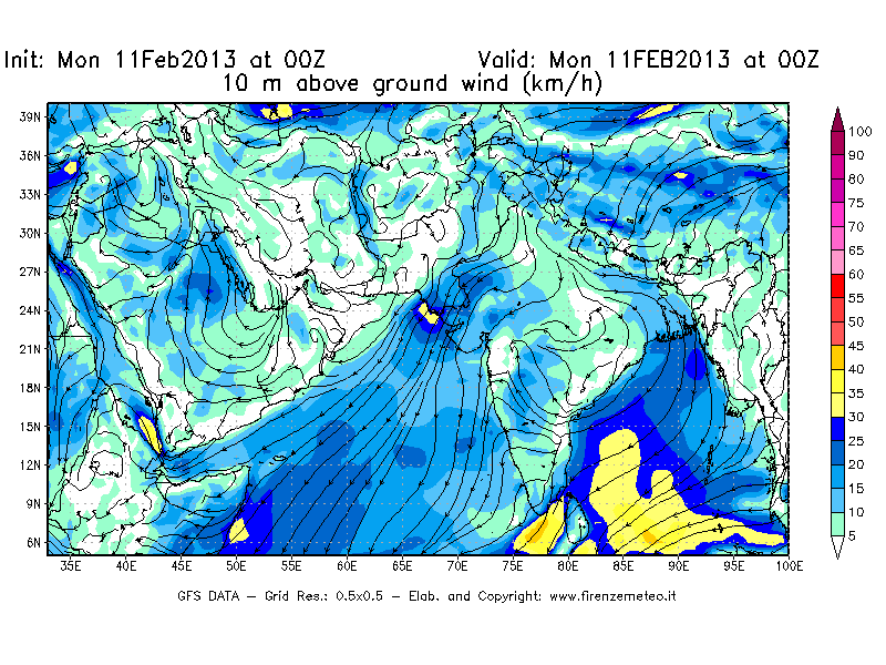 Mappa di analisi GFS - Velocità del vento a 10 metri dal suolo [km/h] in Asia Sud-Occidentale
							del 11/02/2013 00 <!--googleoff: index-->UTC<!--googleon: index-->