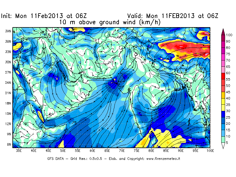 Mappa di analisi GFS - Velocità del vento a 10 metri dal suolo [km/h] in Asia Sud-Occidentale
							del 11/02/2013 06 <!--googleoff: index-->UTC<!--googleon: index-->