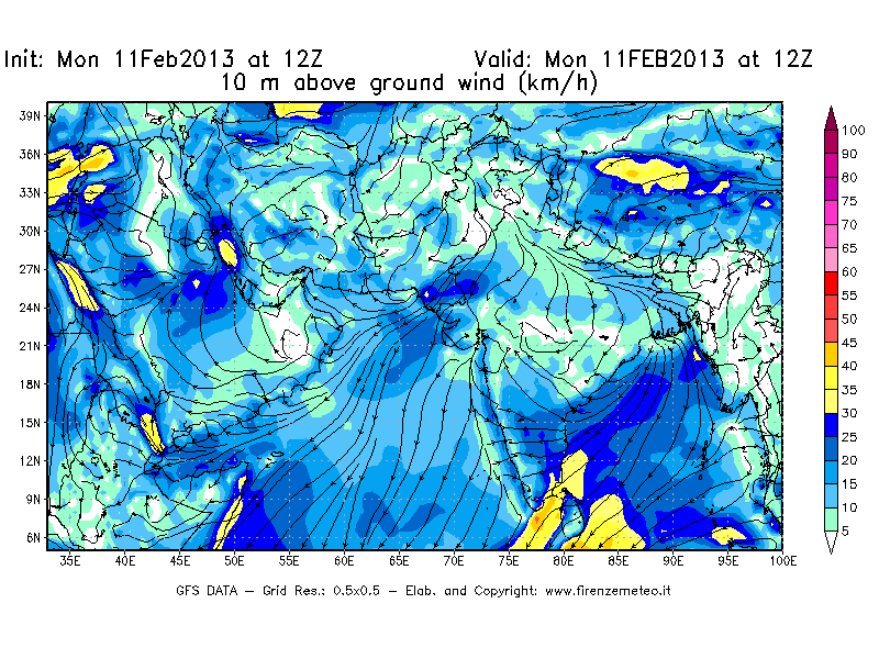 Mappa di analisi GFS - Velocità del vento a 10 metri dal suolo [km/h] in Asia Sud-Occidentale
							del 11/02/2013 12 <!--googleoff: index-->UTC<!--googleon: index-->