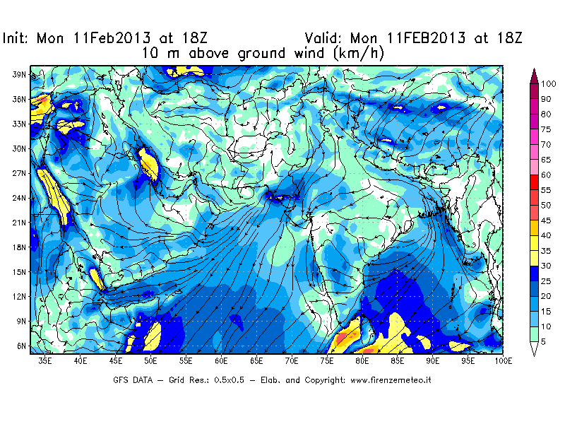 Mappa di analisi GFS - Velocità del vento a 10 metri dal suolo [km/h] in Asia Sud-Occidentale
							del 11/02/2013 18 <!--googleoff: index-->UTC<!--googleon: index-->