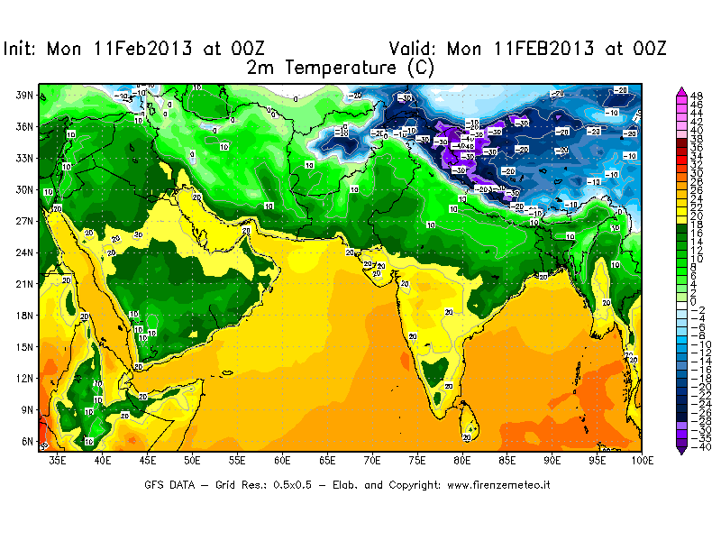 Mappa di analisi GFS - Temperatura a 2 metri dal suolo [°C] in Asia Sud-Occidentale
							del 11/02/2013 00 <!--googleoff: index-->UTC<!--googleon: index-->