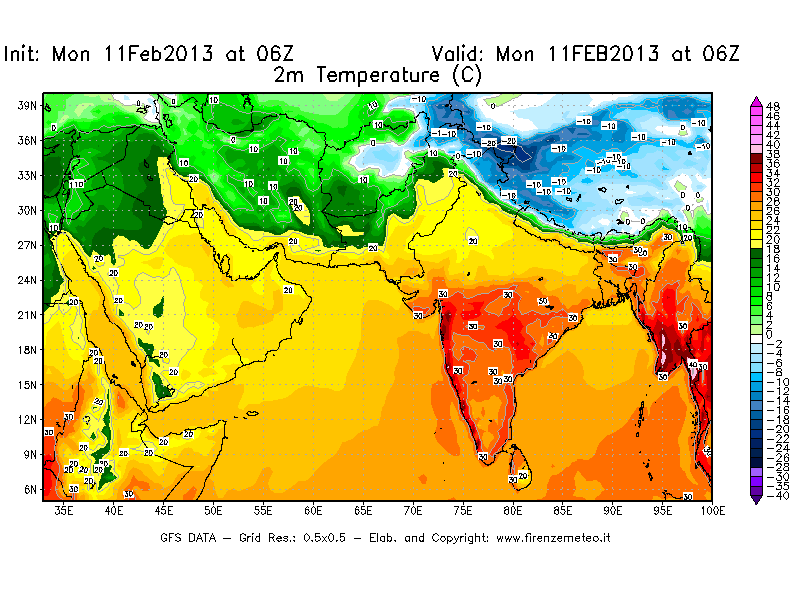 Mappa di analisi GFS - Temperatura a 2 metri dal suolo [°C] in Asia Sud-Occidentale
							del 11/02/2013 06 <!--googleoff: index-->UTC<!--googleon: index-->