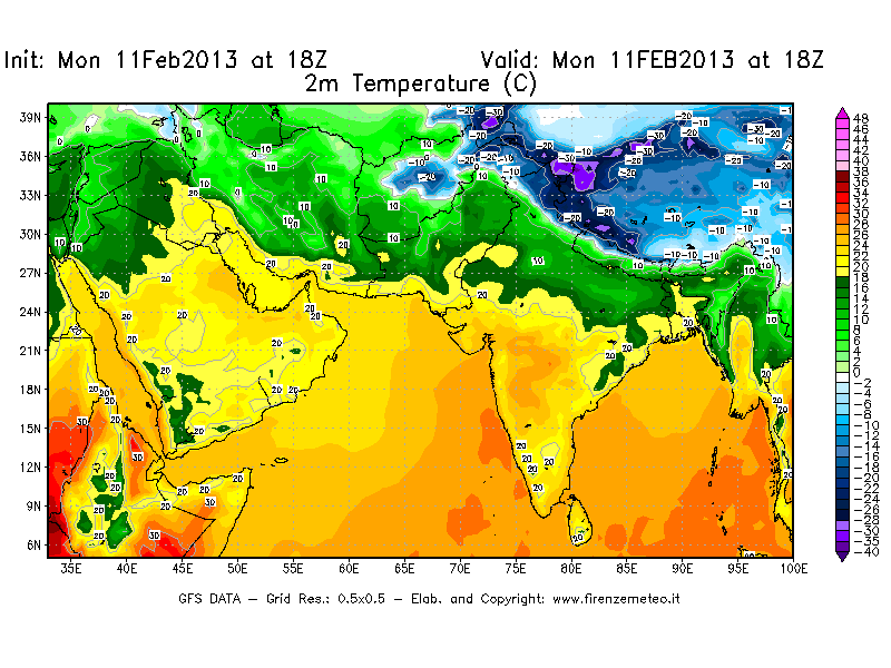 Mappa di analisi GFS - Temperatura a 2 metri dal suolo [°C] in Asia Sud-Occidentale
							del 11/02/2013 18 <!--googleoff: index-->UTC<!--googleon: index-->