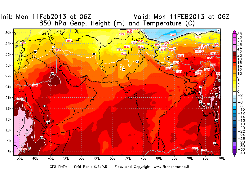 Mappa di analisi GFS - Geopotenziale [m] e Temperatura [°C] a 850 hPa in Asia Sud-Occidentale
							del 11/02/2013 06 <!--googleoff: index-->UTC<!--googleon: index-->